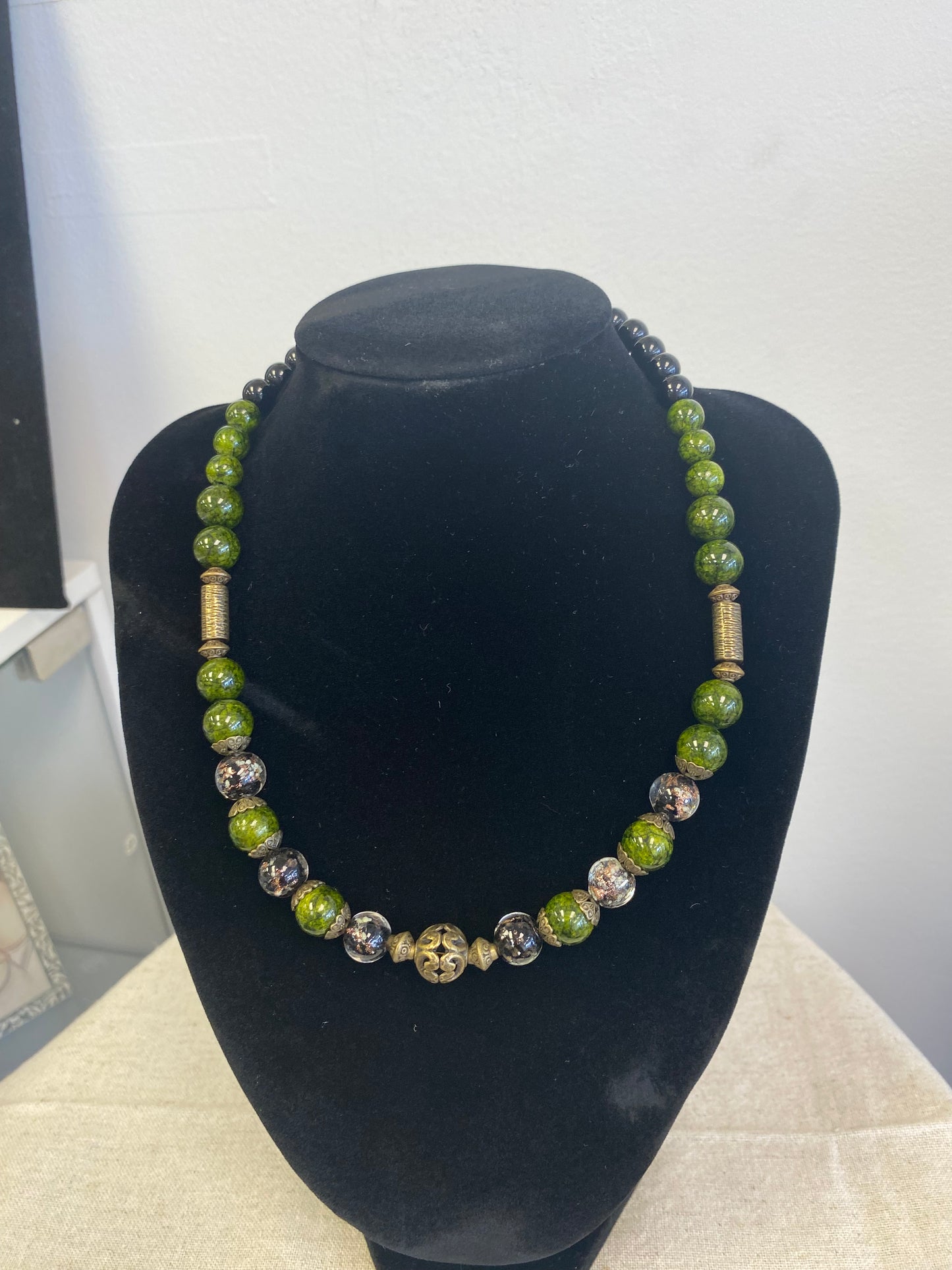 Намисто-black jasper, Green quartz, glass