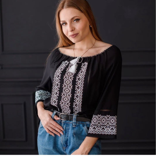 Traditional Vishivanka Shirt (Black Embroidery, Female)