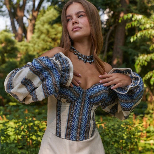 Traditional Vishivanka Top (White & Blue, Female)