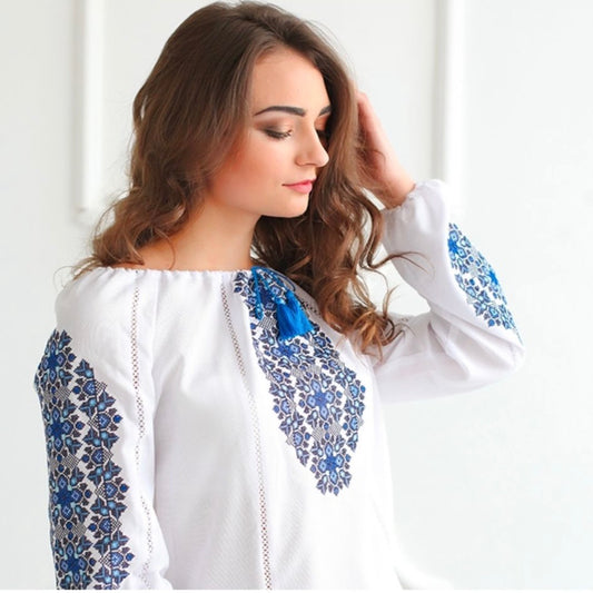 Traditional Vishivanka Shirt (White & Blue, Female)