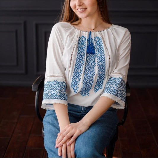 Traditional Vishivanka Shirt (White & Blue, Female)