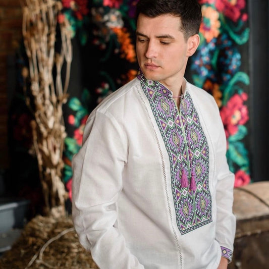 Traditional Vishivanka Shirt (White & Floral, Male)