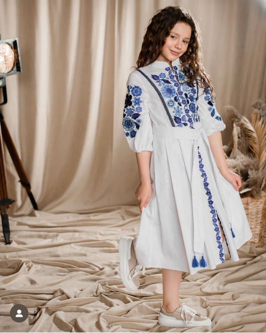 Traditional Vishivanka Dress (White & Blue, Kid)