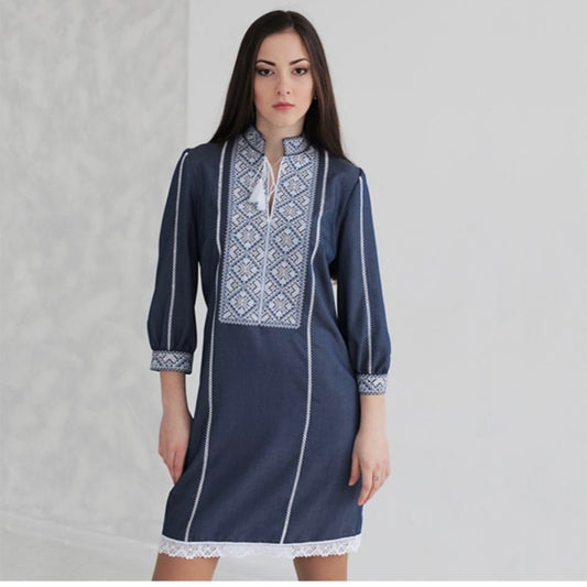 Traditional Vishivanka Dress (Navy & Embroidery)